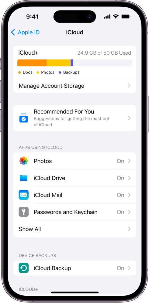 iCloud settings on iphone