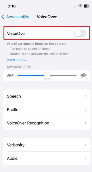 turn off voice over option
