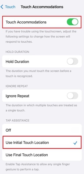 set tap assistance to initial location