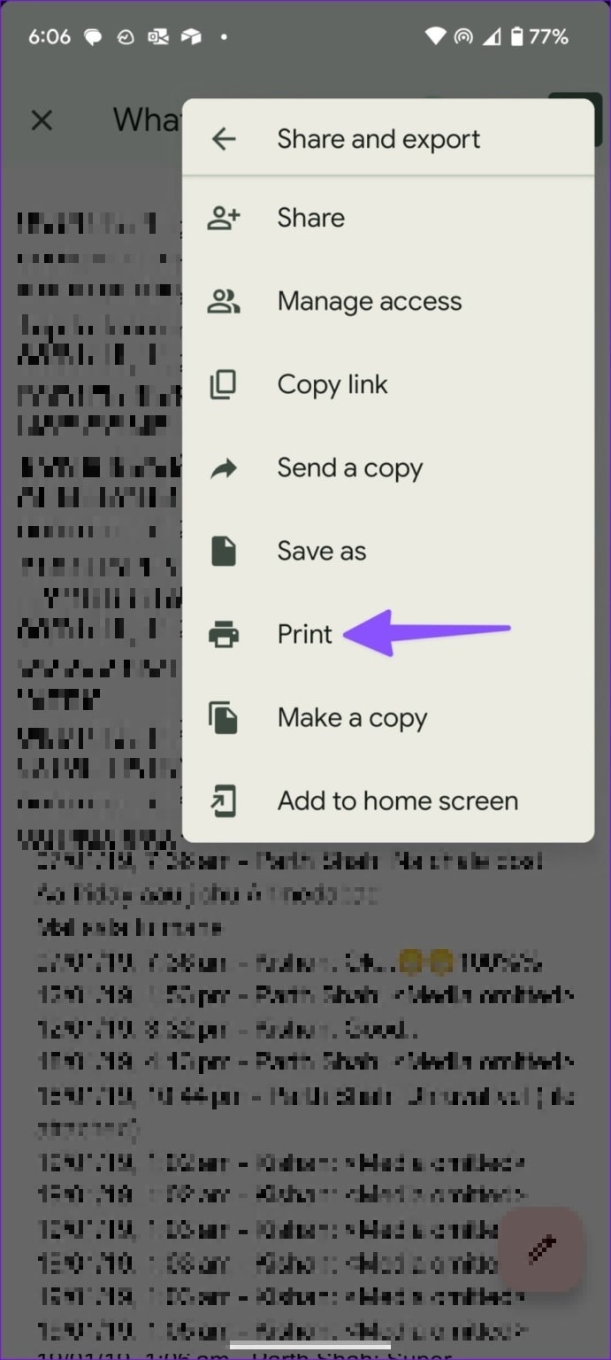 printing whatsapp chat on android