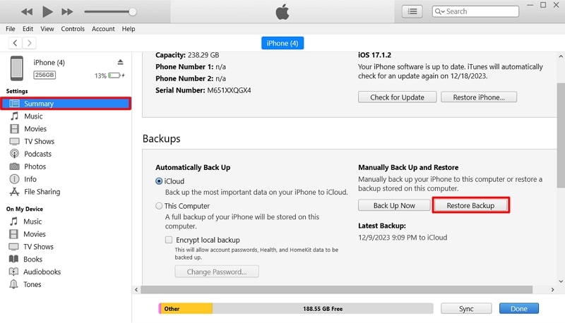 restore backup from itunes