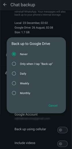 WhatsApp backup to Google Drive.