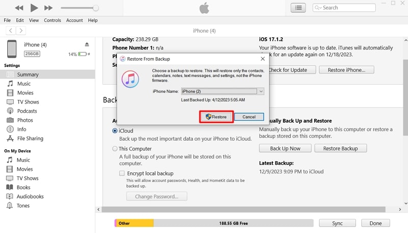 restore itunes backup on device