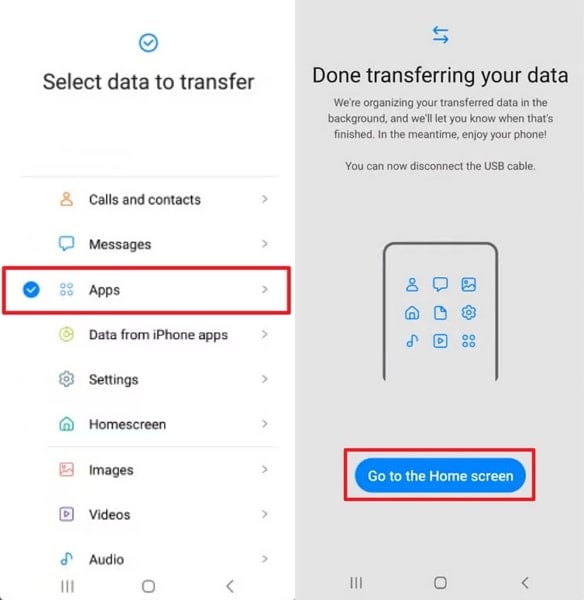select apps to start transfer