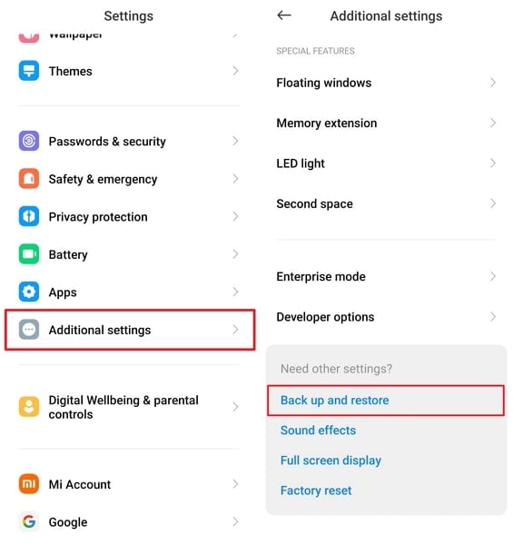 navigate backup option in settings