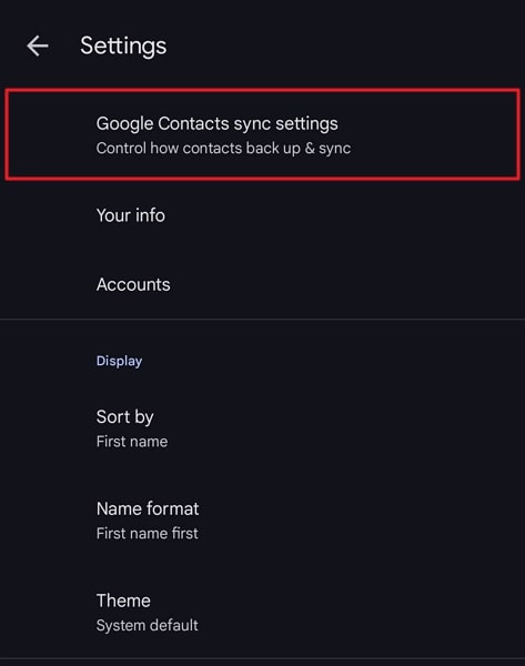 choose google contacts sync settings
