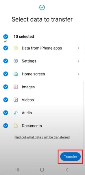 select data to transfer from iphone