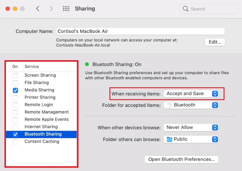 Turn on Bluetooth sharing