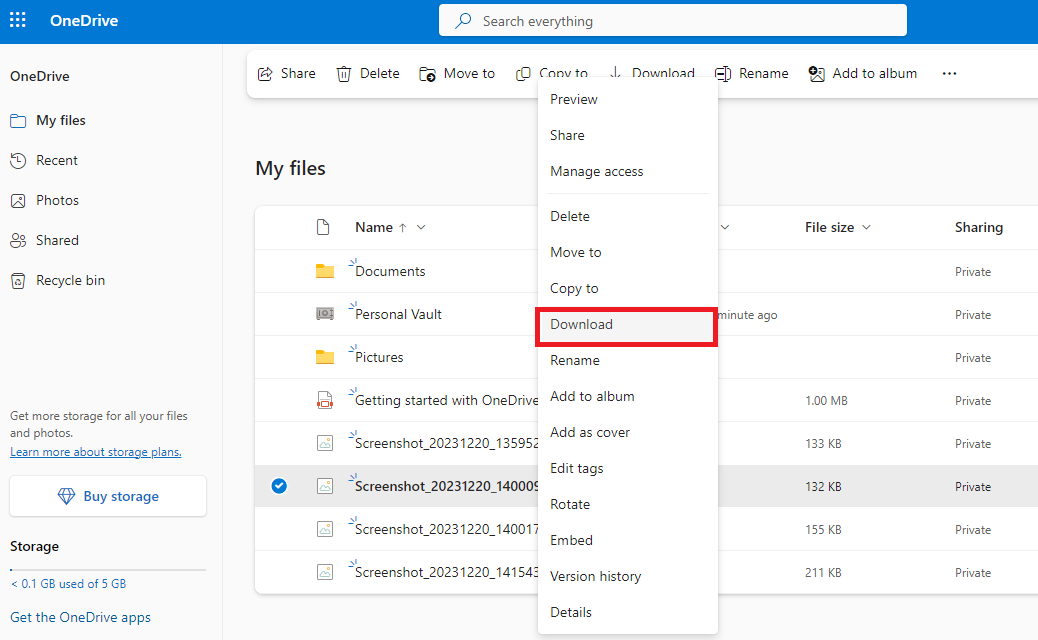 Download files from the OneDrive webpage