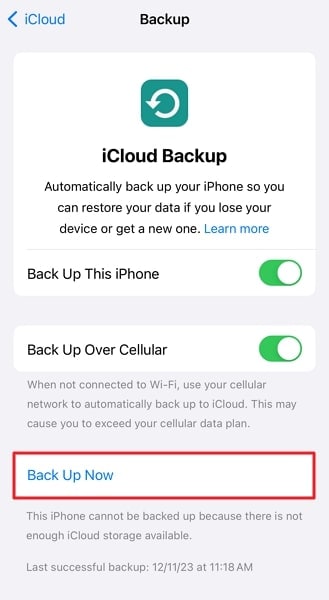 back up now button icloud