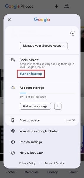 turn on backup in google photos