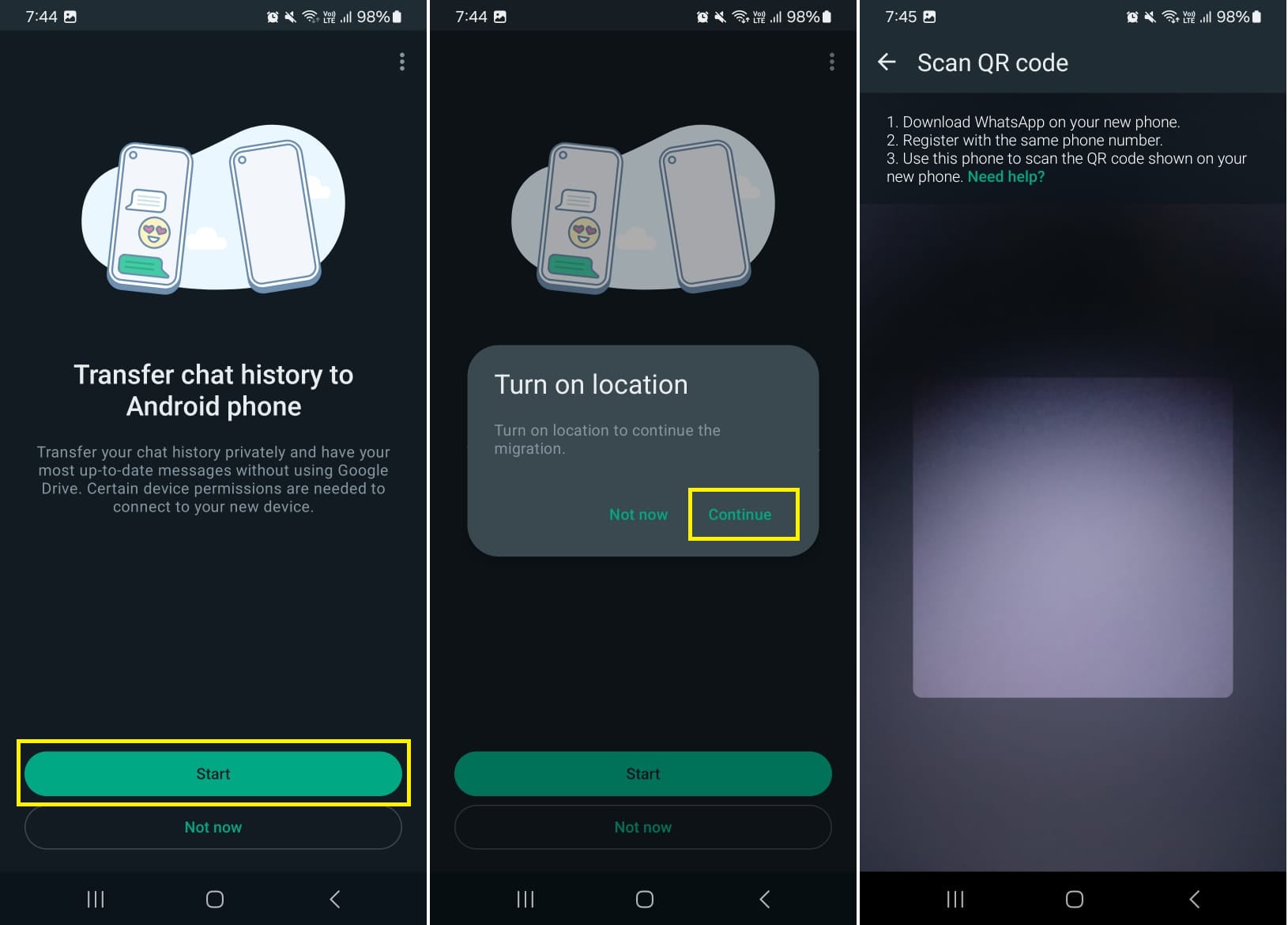 Generate QR code for WhatsApp Android to Android transfer