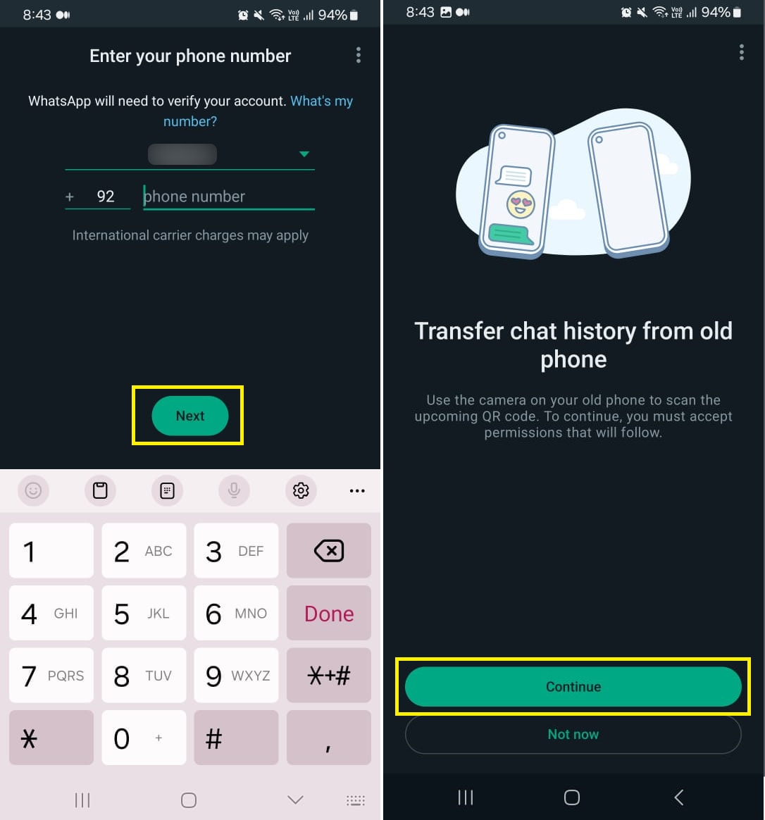 Verify phone number to transfer WhatsApp from Android to Android.