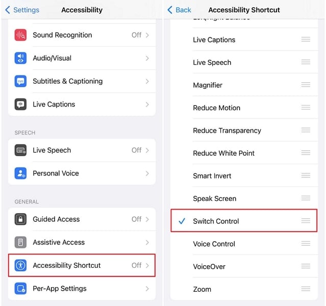 set switch control as accessibility shortcut