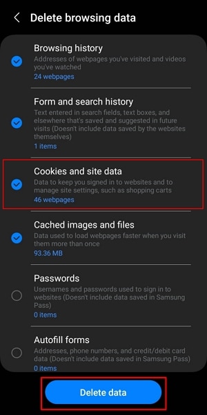 clear cookies from samsung internet browser