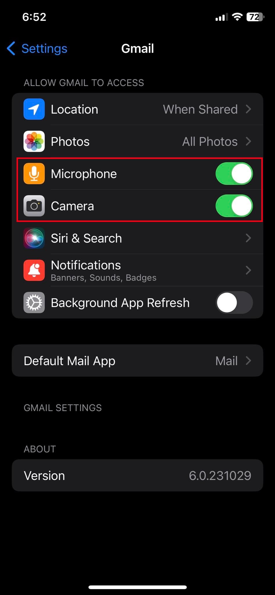 gmail app on iphone settings