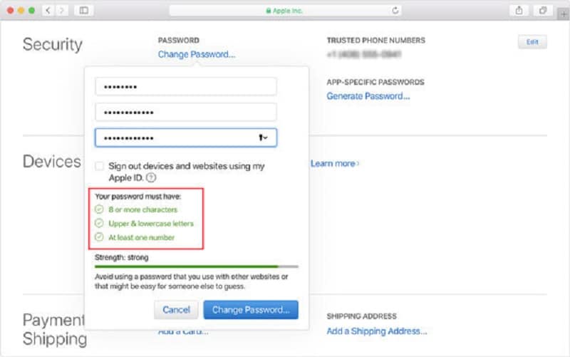 Criterios de la contraseña del Apple ID