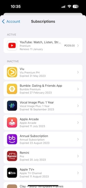 subscriptions page app store