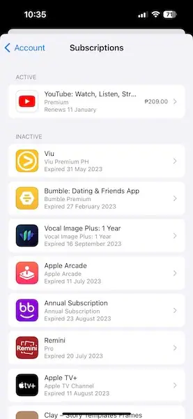 subscriptions page app store