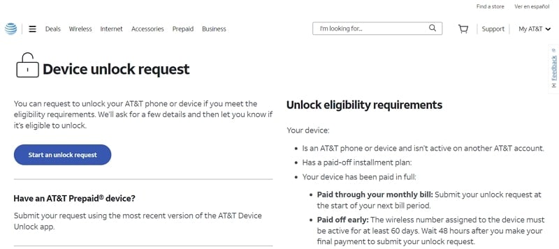 requesting at&t to unlock device
