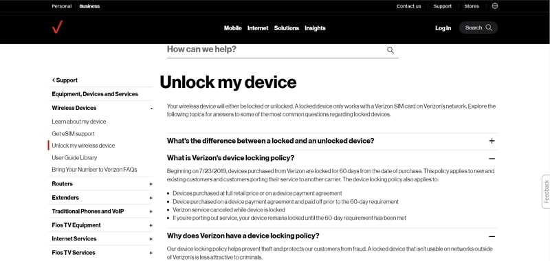 requesting verizon to unlock device