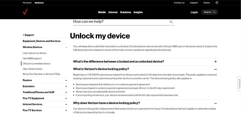 richiedendo Verizon per sbloccare il dispositivo