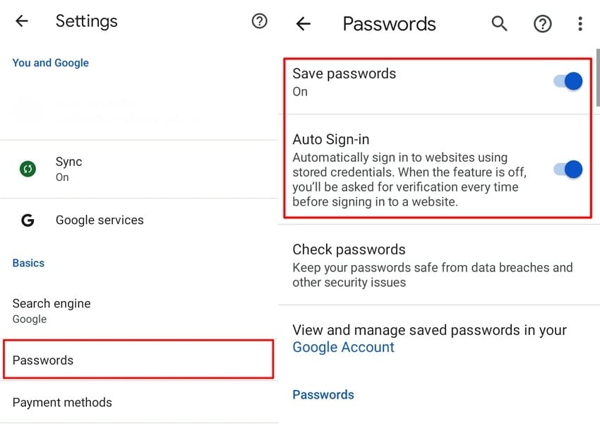 toggle off save password and sign in