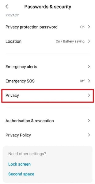 navigate to android privacy settings