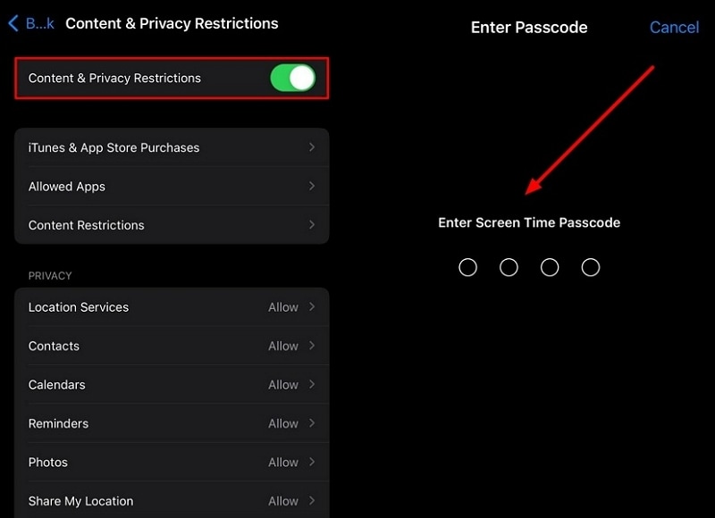 toggle off privacy restriction option