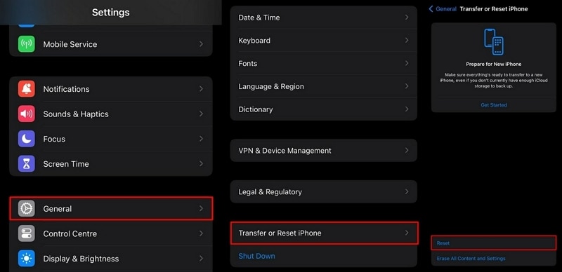 navigate to transfer and reset option