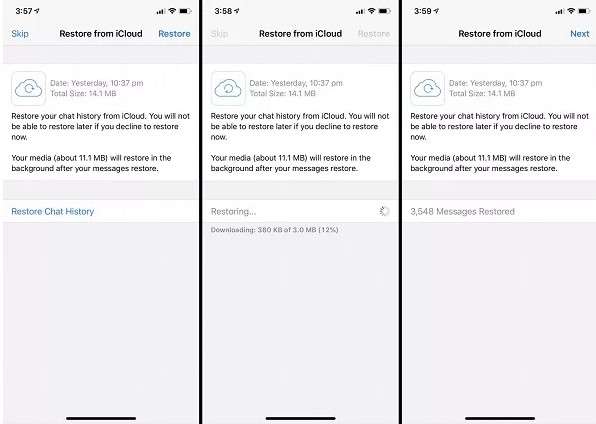 Restore whatsapp data using icloud