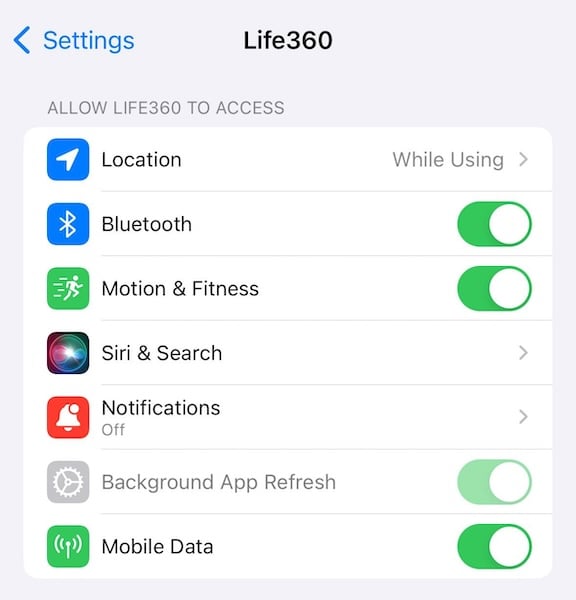 life360 ios settings