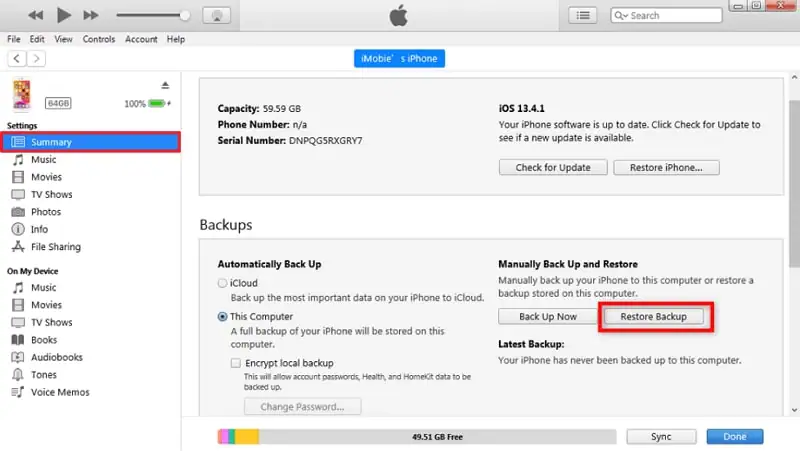 ripristinare il backup tramite iTunes