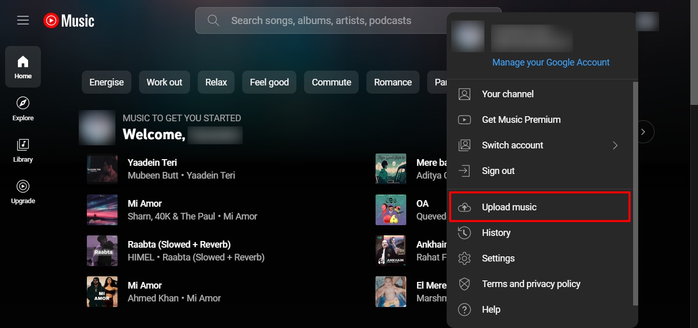 Open the Upload Music option.