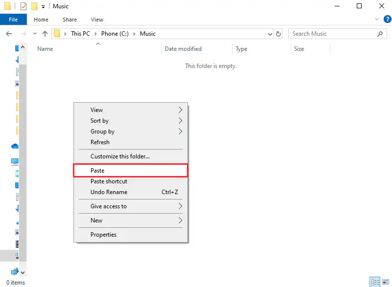 Paste the Music folder in the Android device’s storage.