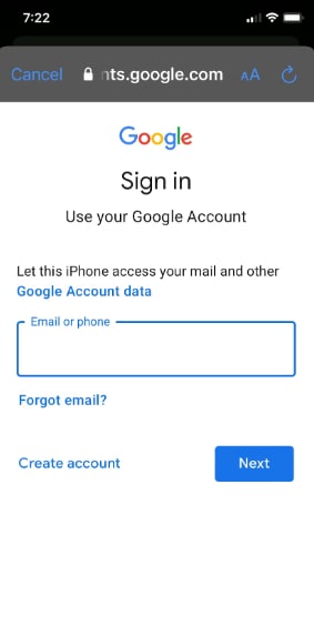 Inserisci le credenziali dell'account Google per accedere