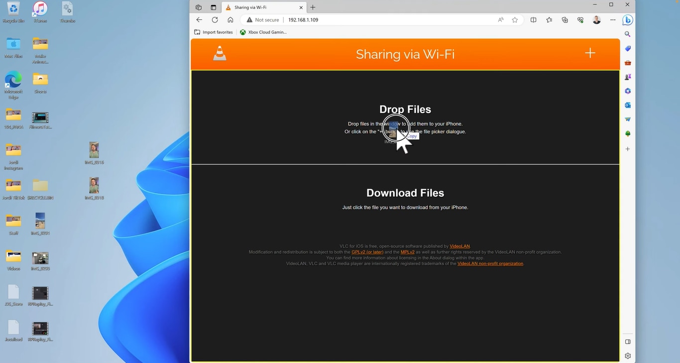 Drag and drop the file on the VLC sharing site