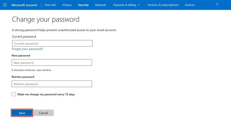 enter outlook password and save it