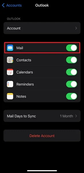 Activar y desactivar el interruptor de Mail