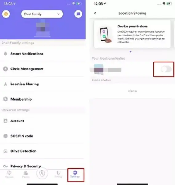 life360 desactiva el uso compartido de la ubicación