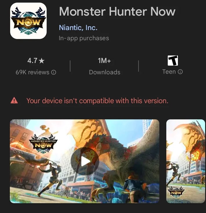 incompatible device for monster hunter now