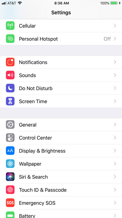 settings window on iphone