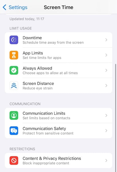 screen time page ios 14