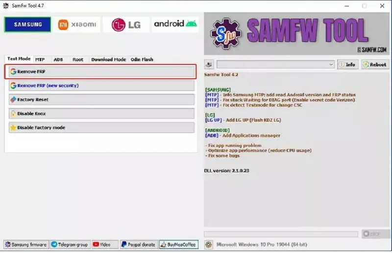 Opción de eliminar FRP de SamFW FRP Tool