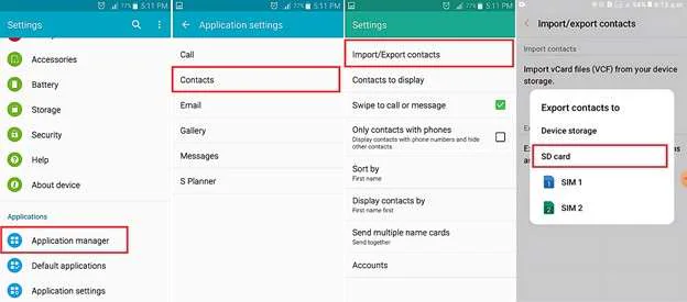 exporter des contacts avec l'application settings