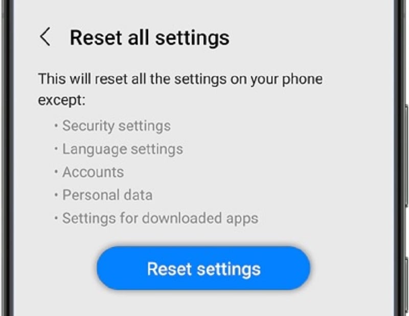 interfaccia delle impostazioni di ripristino di Android