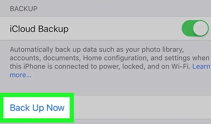 backup now option on icloud settings