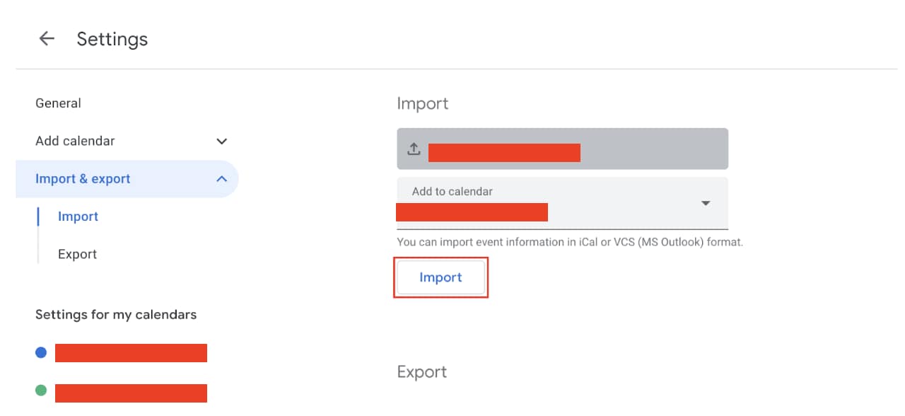 import option for google calendar