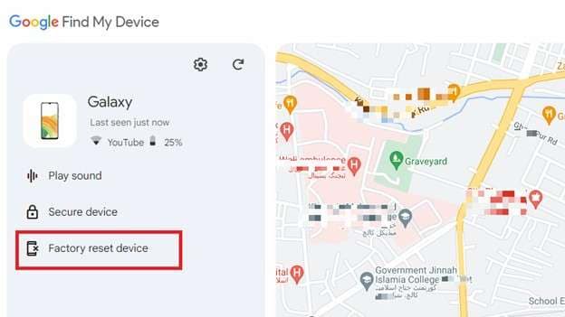 factory reset device using find my device
