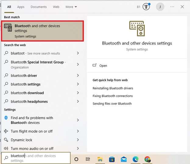 Search for Bluetooth Settings